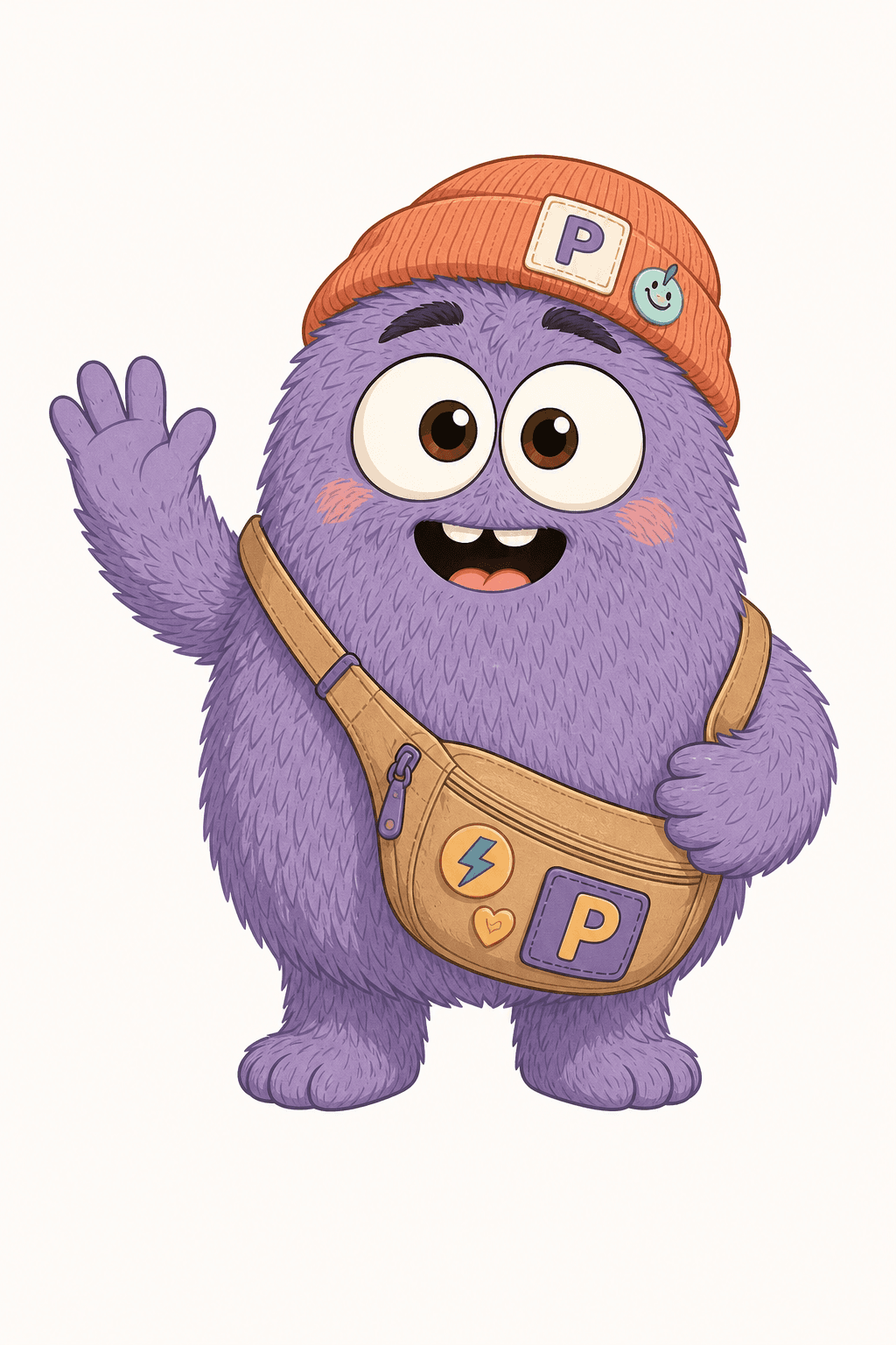 Pixo, a small purple character in an orange beanie, waving hello